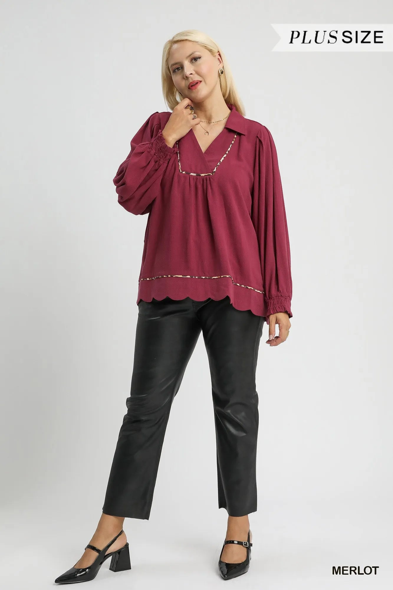 Umgee Linen Scallop Hem Blouse with Contrast Trim - Jennie Dots