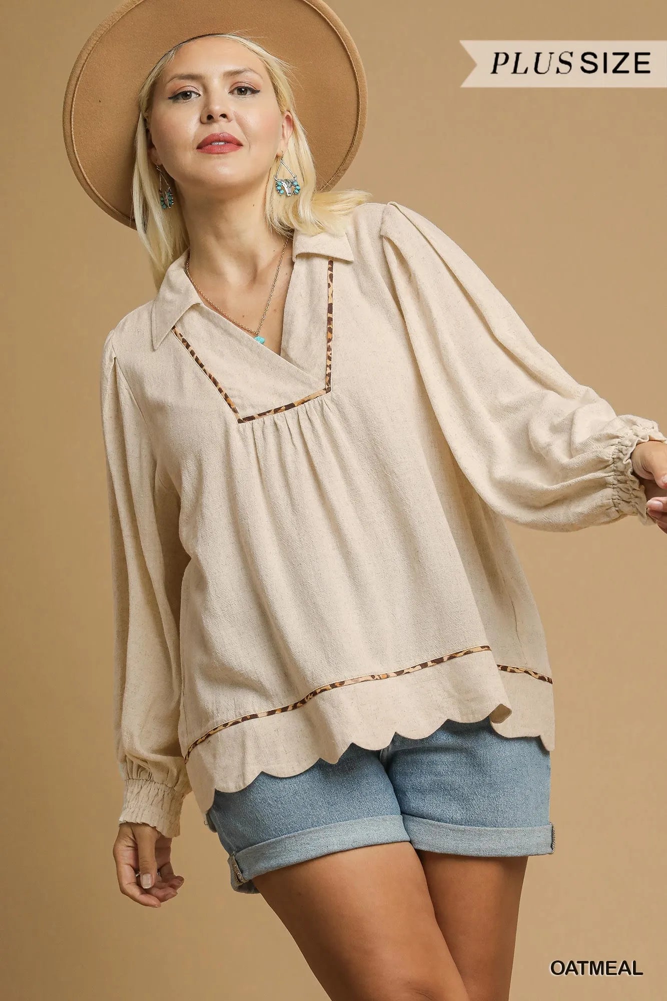 Umgee Linen Scallop Hem Blouse with Contrast Trim - Jennie Dots