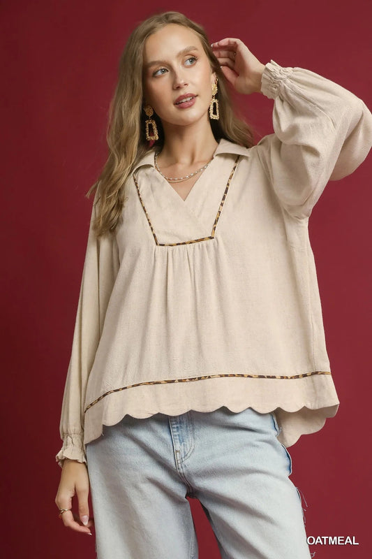 Umgee Linen Scallop Hem Blouse with Contrast Trim - Jennie Dots