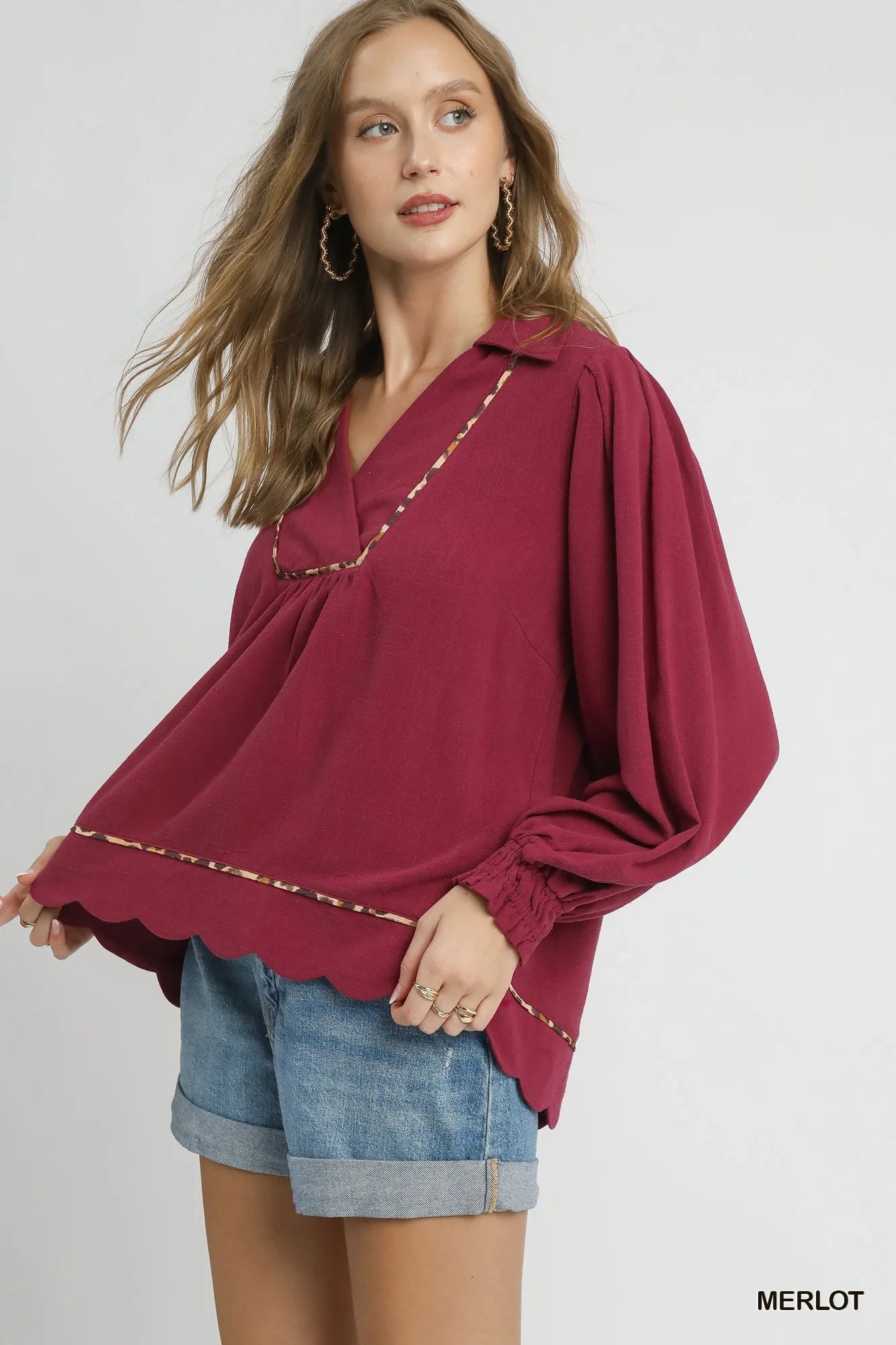 Umgee Linen Scallop Hem Blouse with Contrast Trim - Jennie Dots