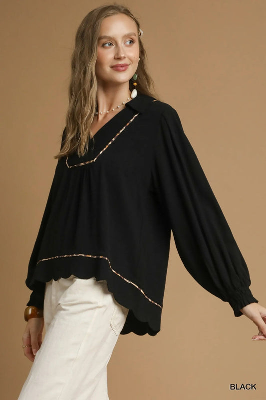 Umgee Linen Scallop Hem Blouse with Contrast Trim - Jennie Dots