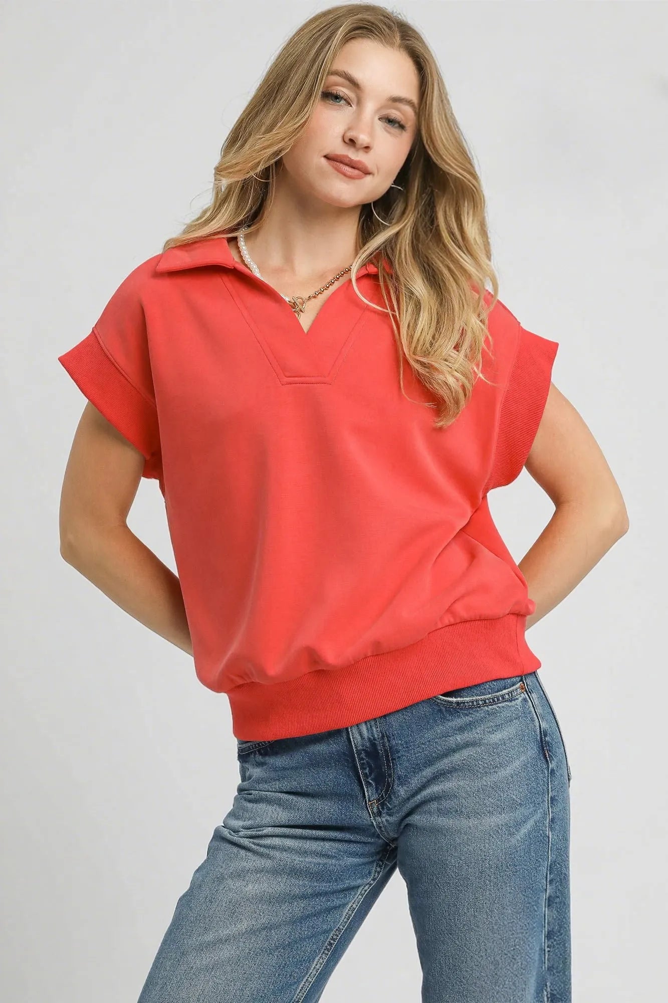 Umgee Luxe Knit Collared Short Sleeve Polo Sweatshirt - Jennie Dots