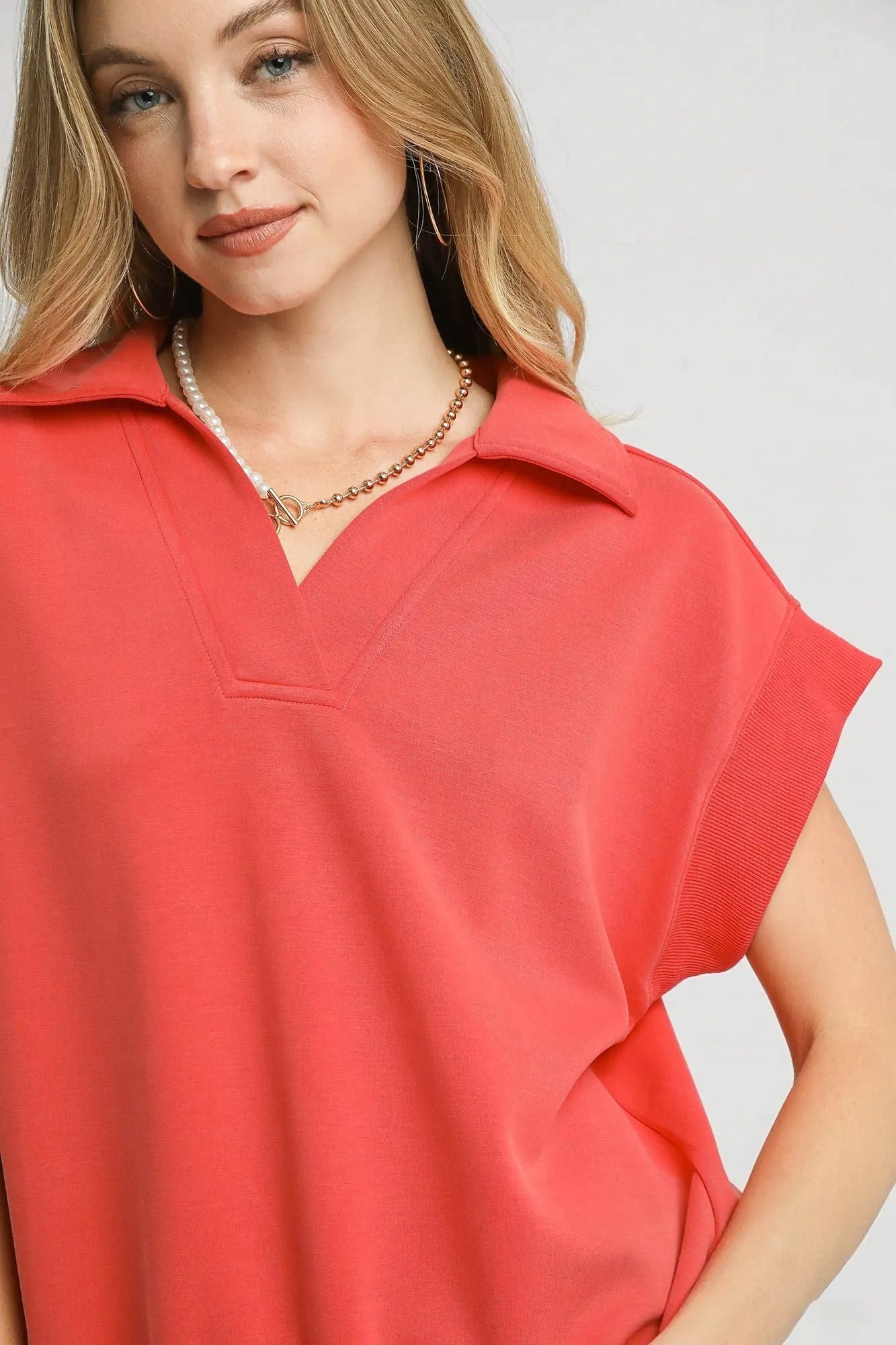 Umgee Luxe Knit Collared Short Sleeve Polo Sweatshirt - Jennie Dots