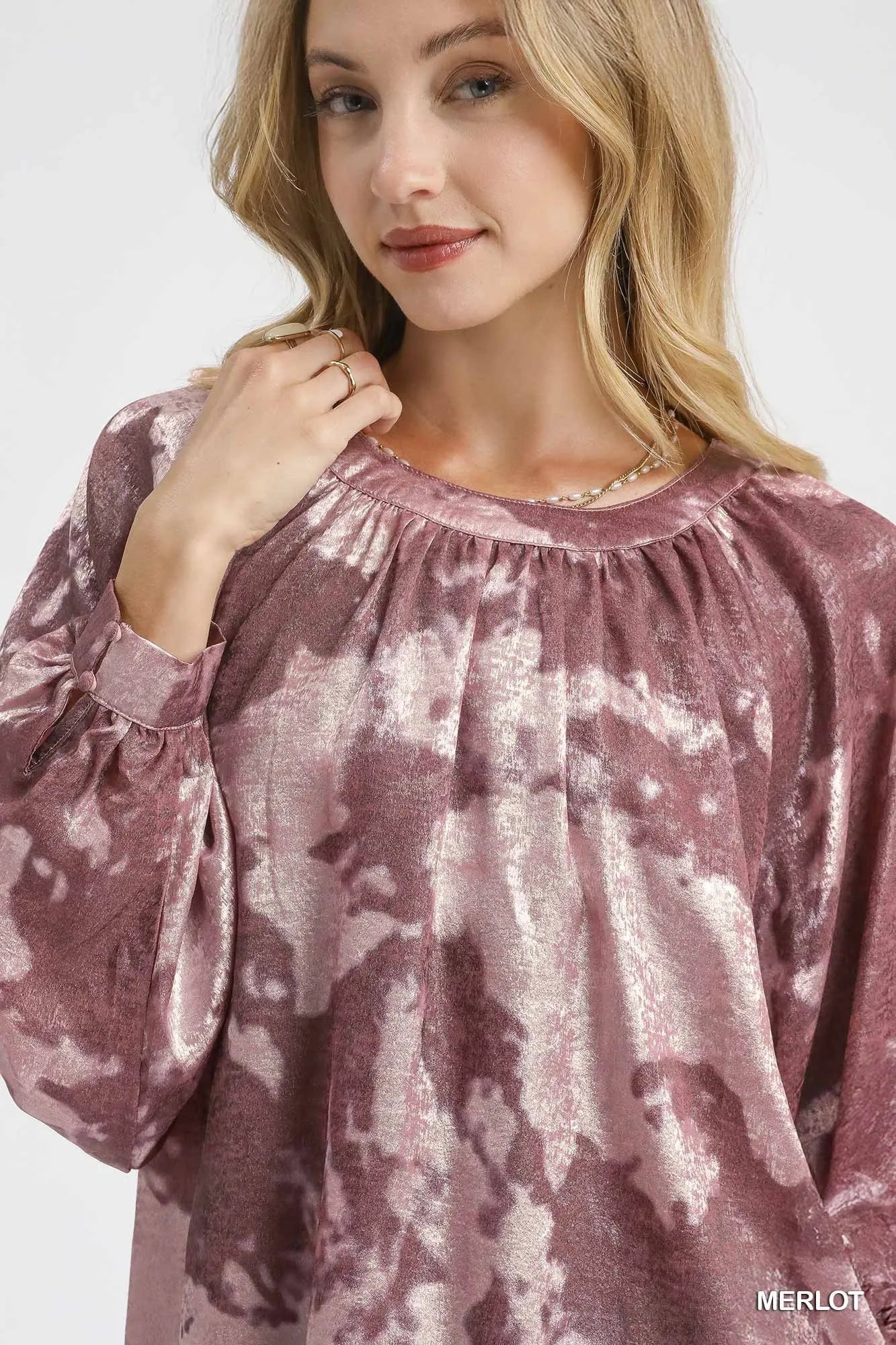 Umgee Metallic Fabric Blouse with Balloon Sleeves - Jennie Dots