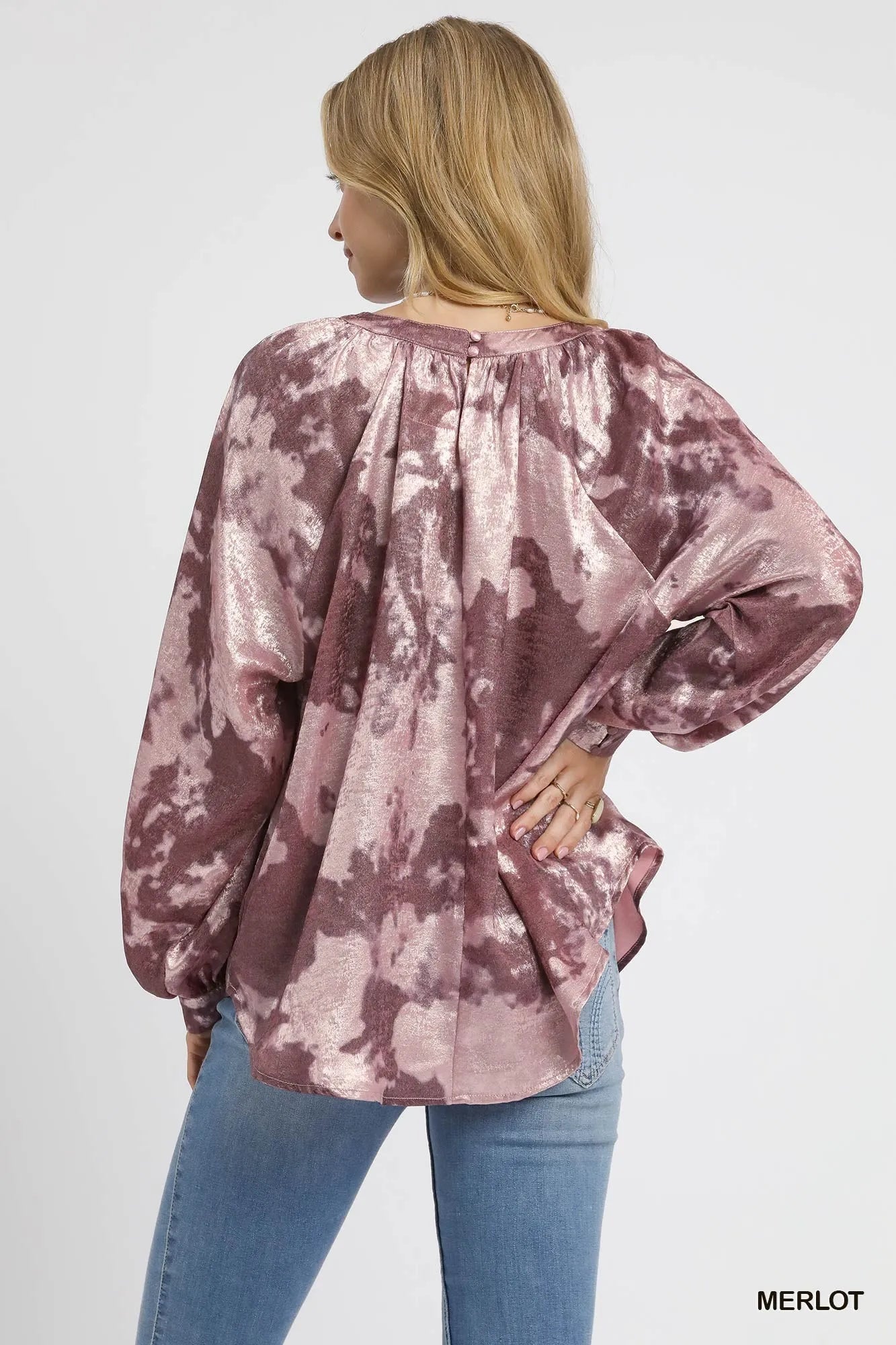 Umgee Metallic Fabric Blouse with Balloon Sleeves - Jennie Dots