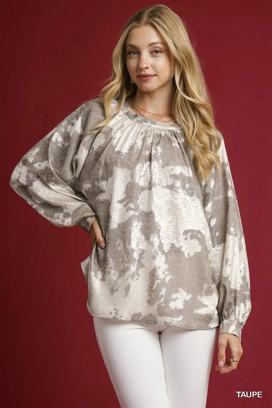 Umgee Metallic Fabric Blouse with Balloon Sleeves - Jennie Dots