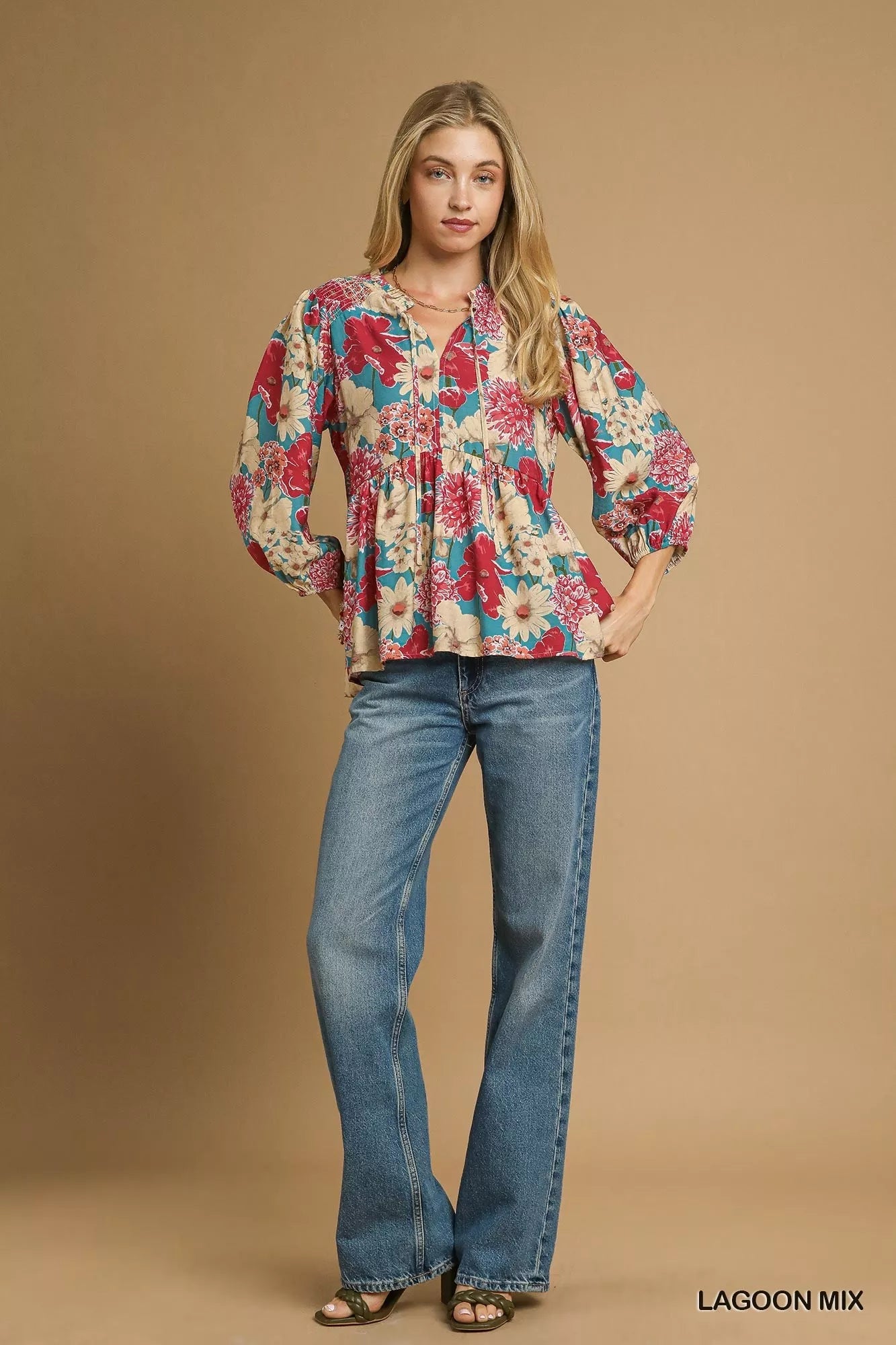 Umgee Mix Floral Peplum Blouse with Tie Neck - Jennie Dots