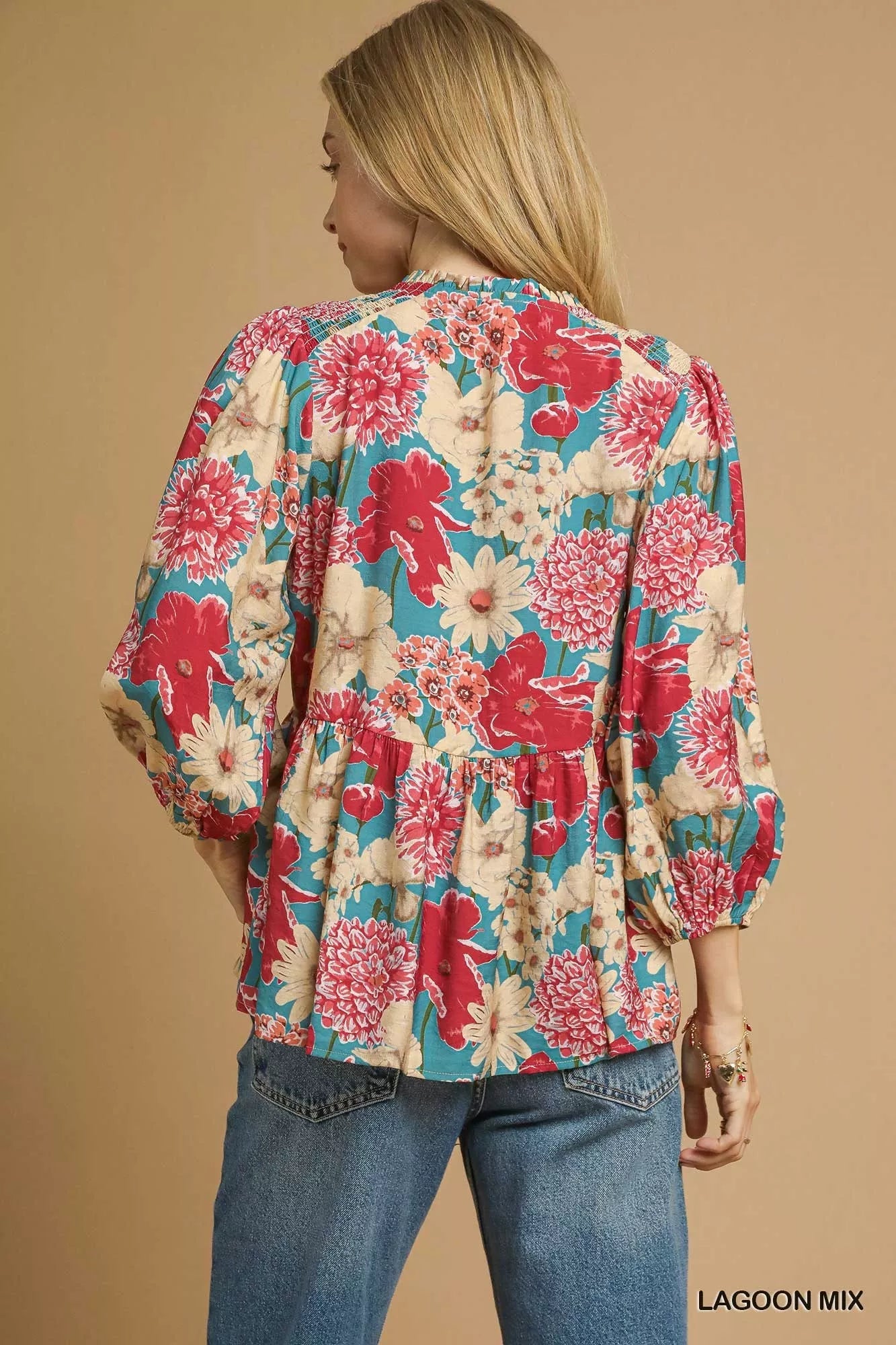 Umgee Mix Floral Peplum Blouse with Tie Neck - Jennie Dots