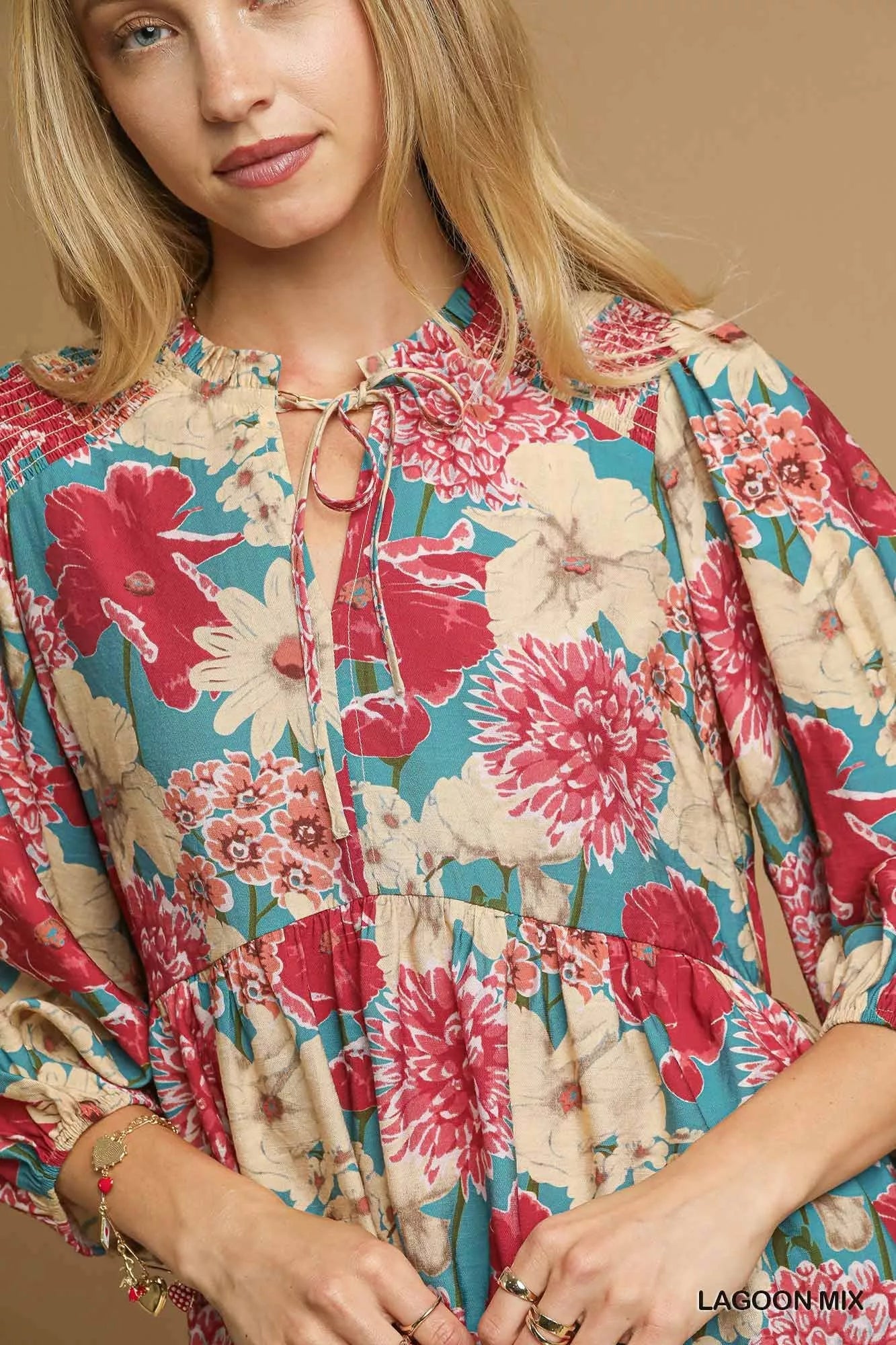 Umgee Mix Floral Peplum Blouse with Tie Neck - Jennie Dots