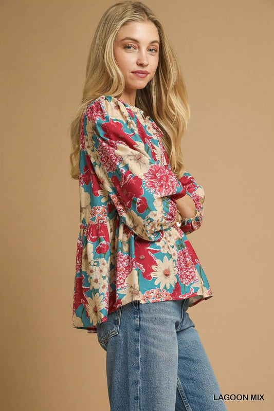 Umgee Mix Floral Peplum Blouse with Tie Neck - Jennie Dots