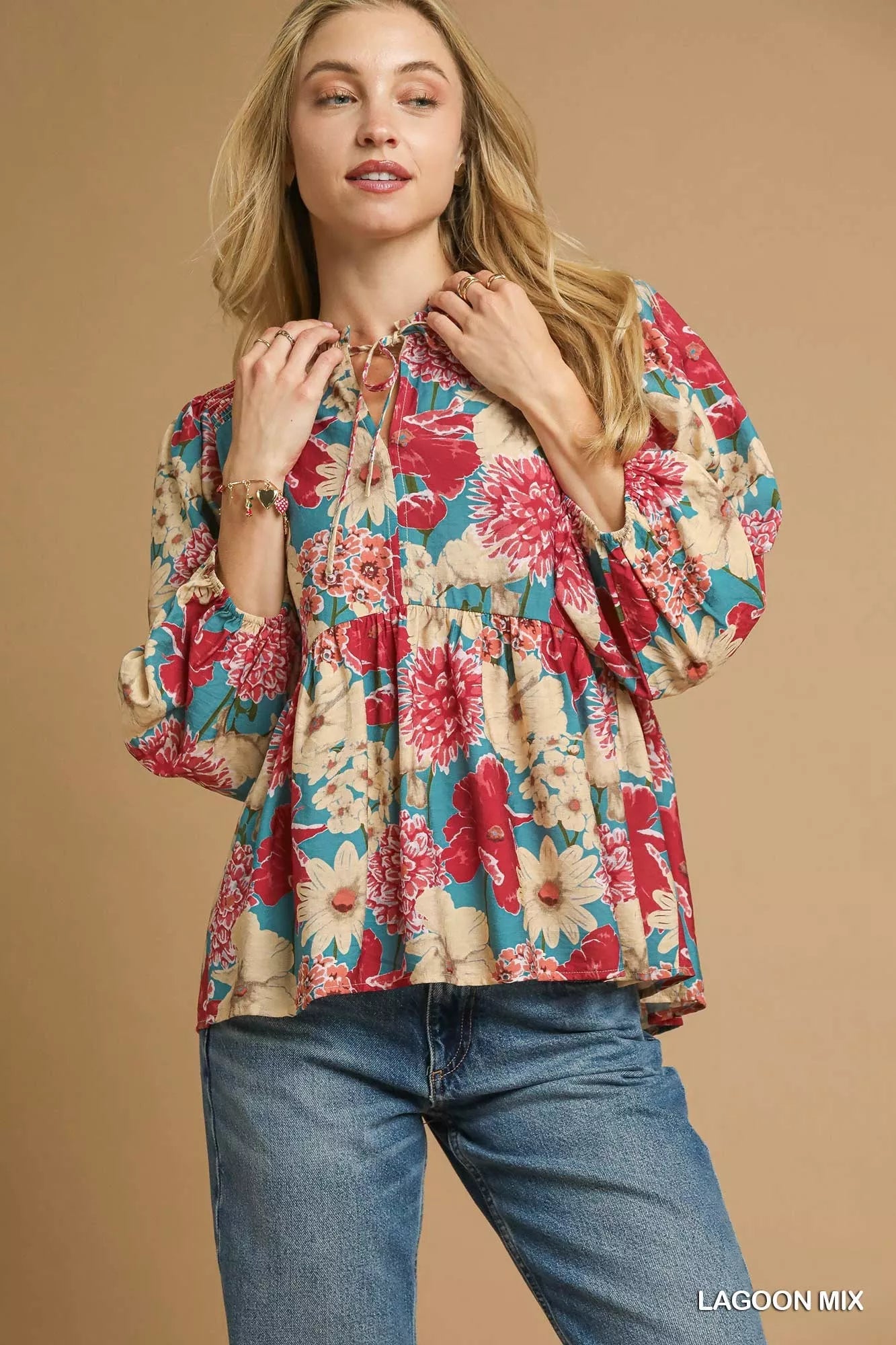 Umgee Mix Floral Peplum Blouse with Tie Neck - Jennie Dots