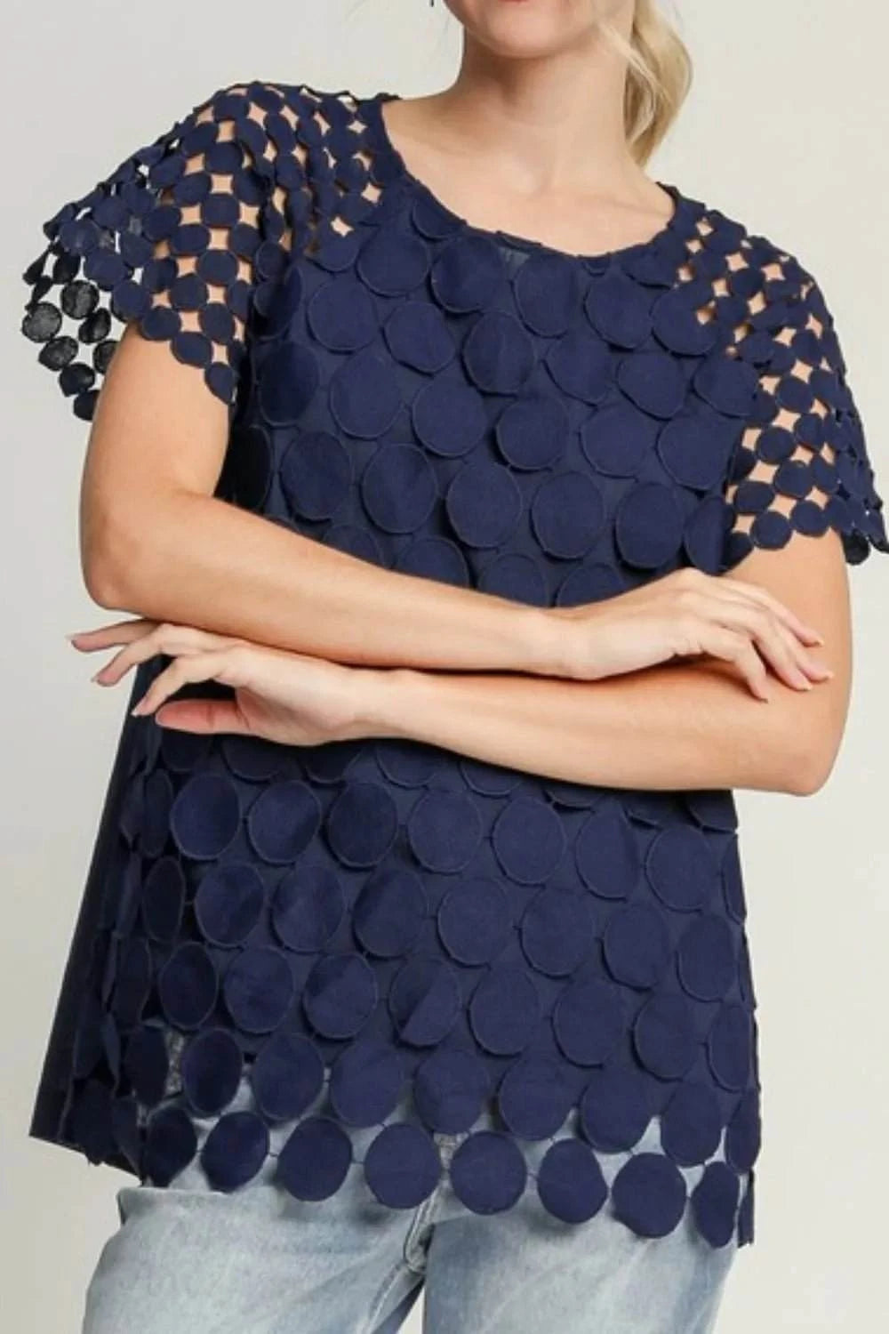 Umgee Mixed Polka Dot Lace Raglan Sleeve Boxy Cut Top - Jennie Dots
