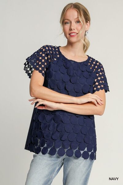 Umgee Mixed Polka Dot Lace Raglan Sleeve Boxy Cut Top - Jennie Dots