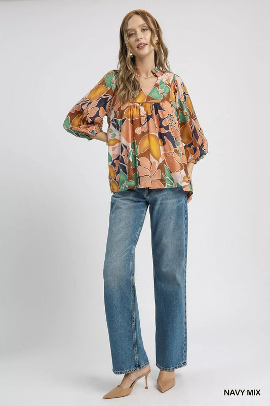 Umgee Multicolor Abstract Floral Print Blouse with Ruffle Neck - Jennie Dots