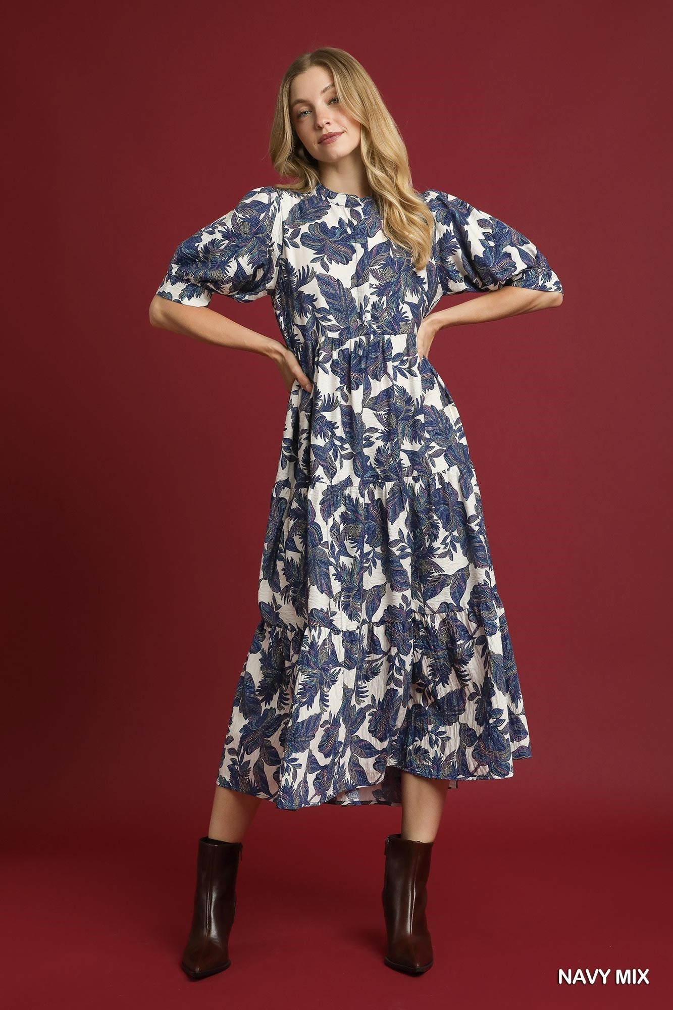 Umgee Navy Boho Leaf Print Tiered Midi Dress - Jennie Dots