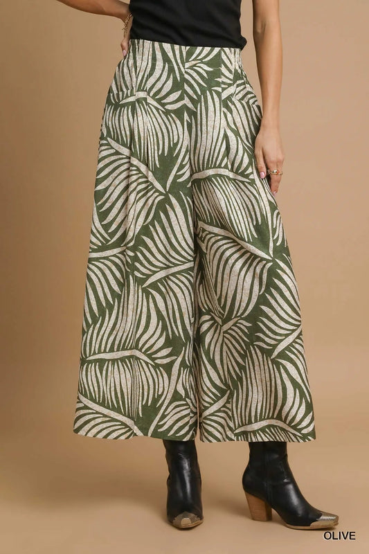 Umgee Palm Leaf Print Wide Leg Culotte Pants - Jennie Dots