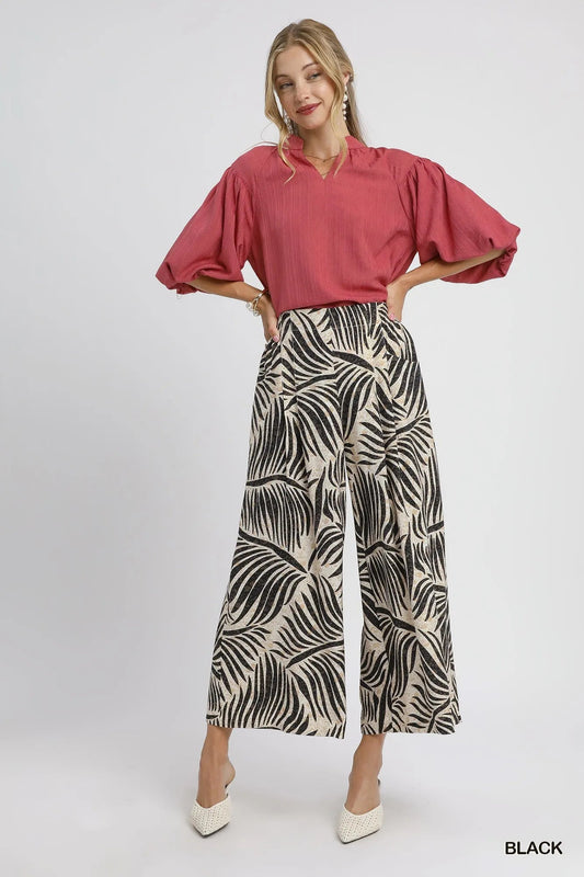 Umgee Palm Leaf Print Wide Leg Culotte Pants - Jennie Dots