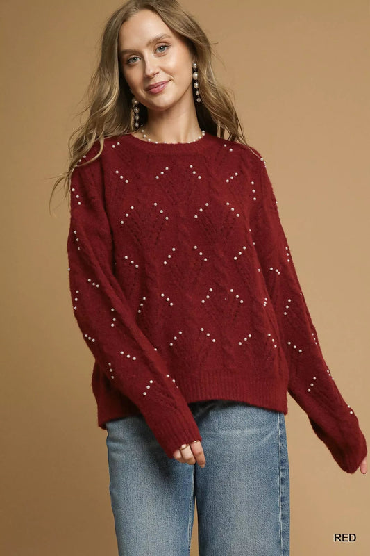 Umgee Pearl - Embellished Long Sleeve Sweater - Jennie Dots