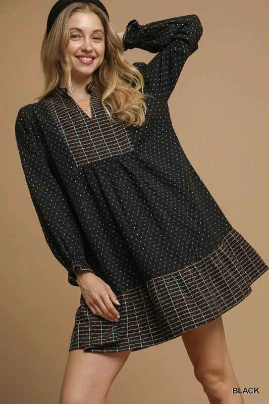 Umgee Polka Dot Plaid Trim Babydoll Dress - Jennie Dots
