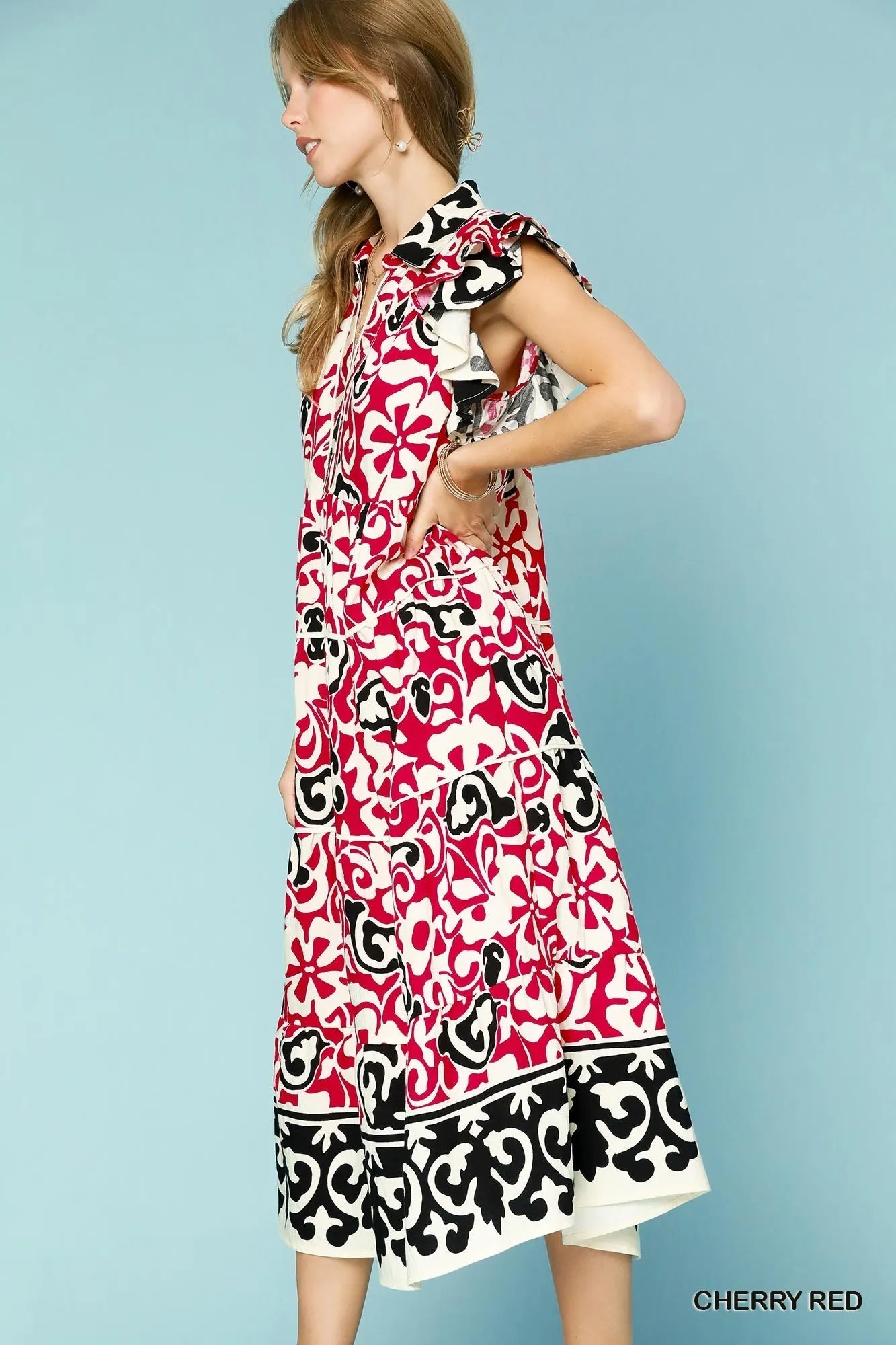 Umgee Printed Ruffled Cap Sleeve Midi Dress - Jennie Dots
