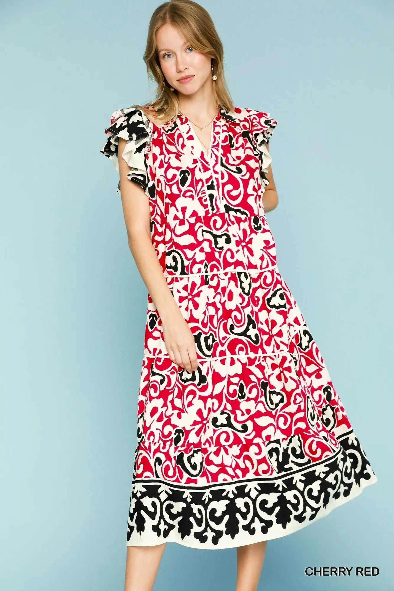 Umgee Printed Ruffled Cap Sleeve Midi Dress - Jennie Dots