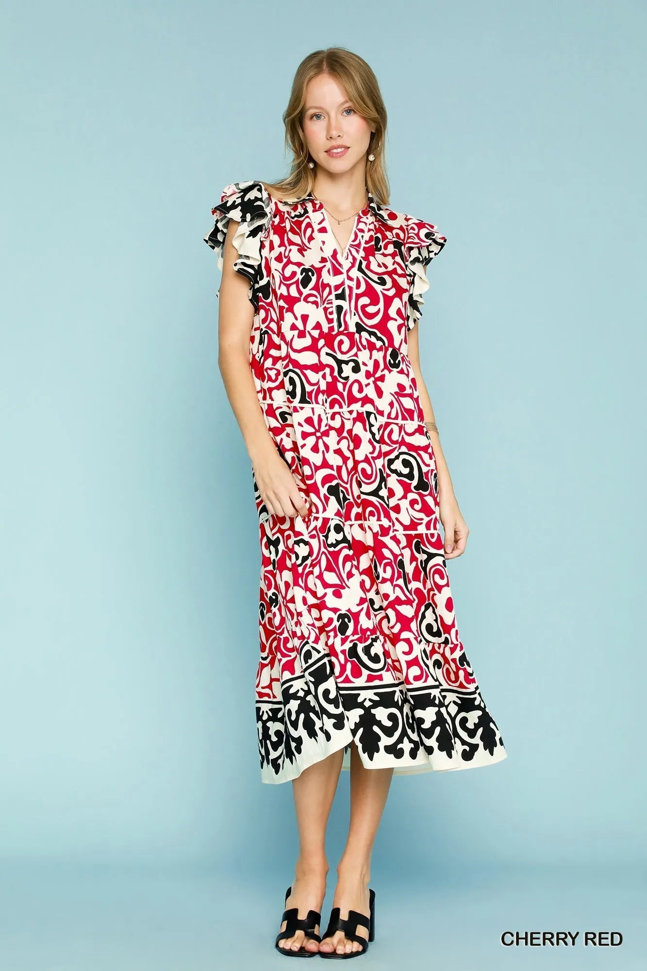 Umgee Printed Ruffled Cap Sleeve Midi Dress - Jennie Dots