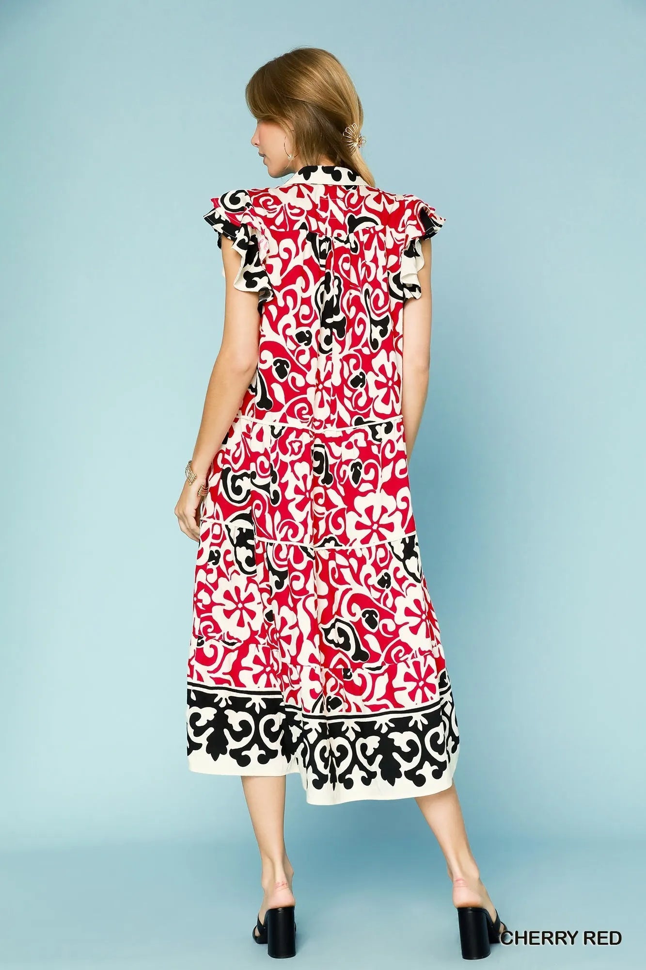 Umgee Printed Ruffled Cap Sleeve Midi Dress - Jennie Dots