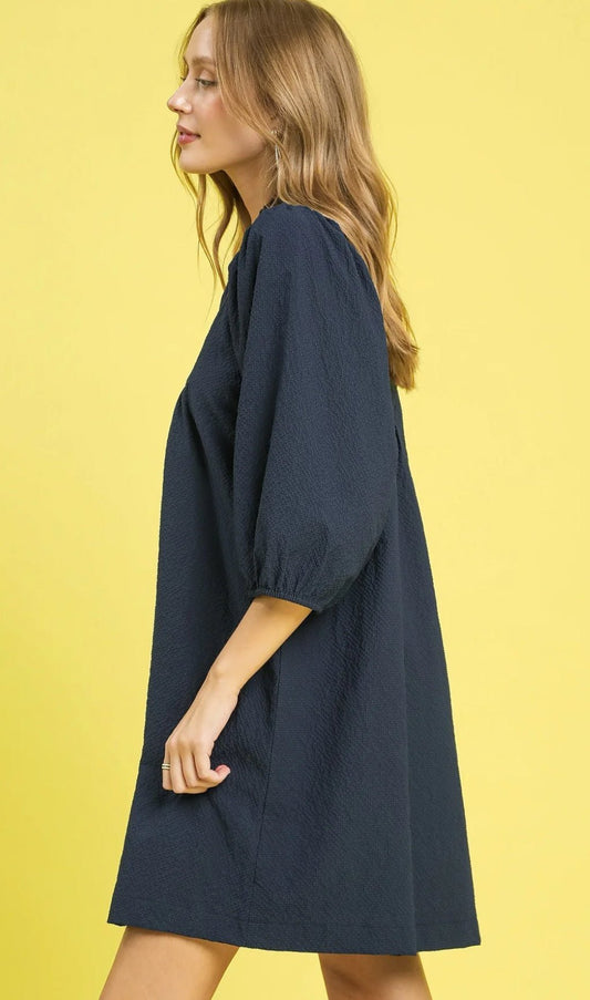 Umgee Puff Sleeve Navy Dress - Jennie Dots