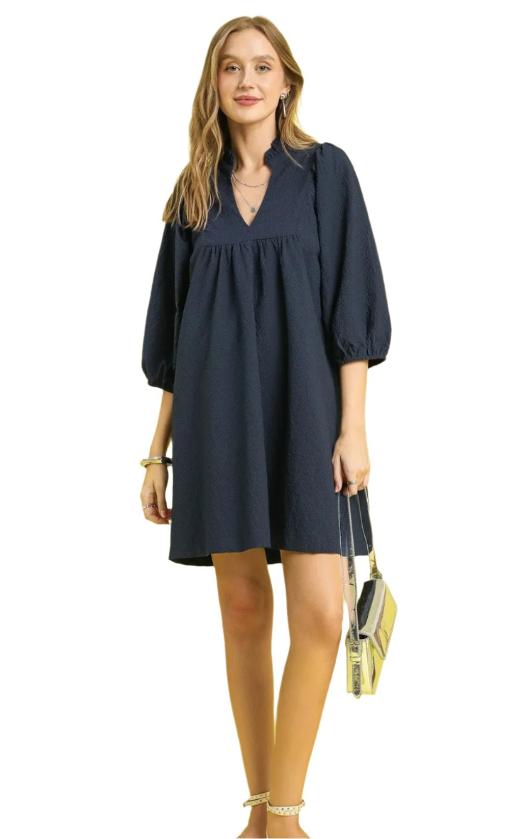 Umgee Puff Sleeve Navy Dress - Jennie Dots