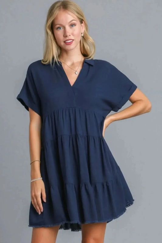 Umgee Raw Hem Folded Sleeve Tiered Dress - Jennie Dots
