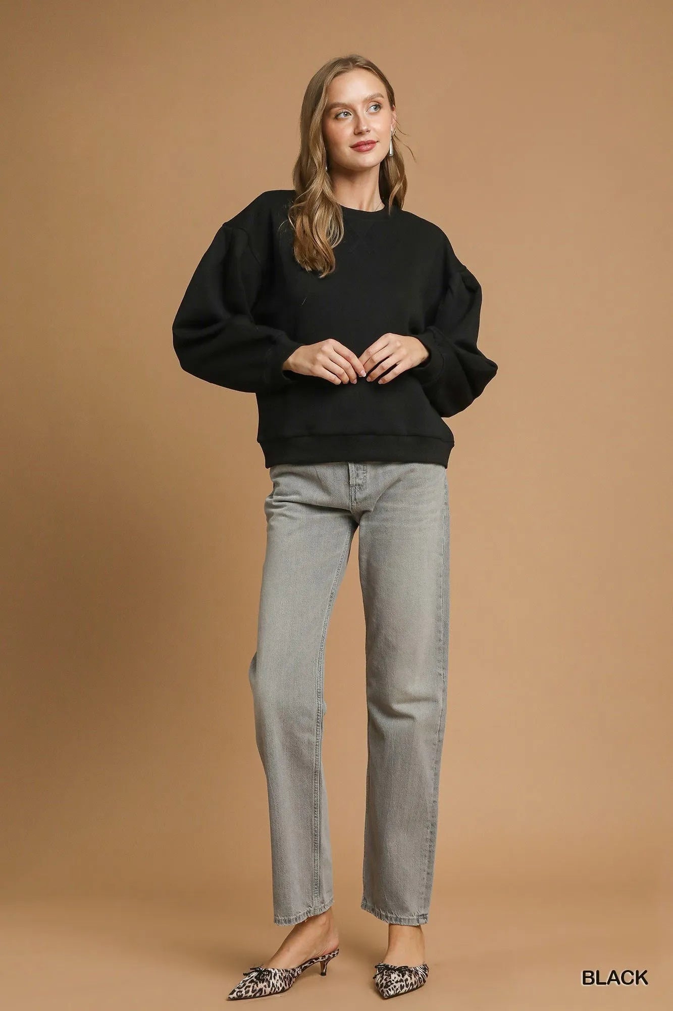 Umgee Round Neck Sweatshirt with Pleated Detail - Jennie Dots