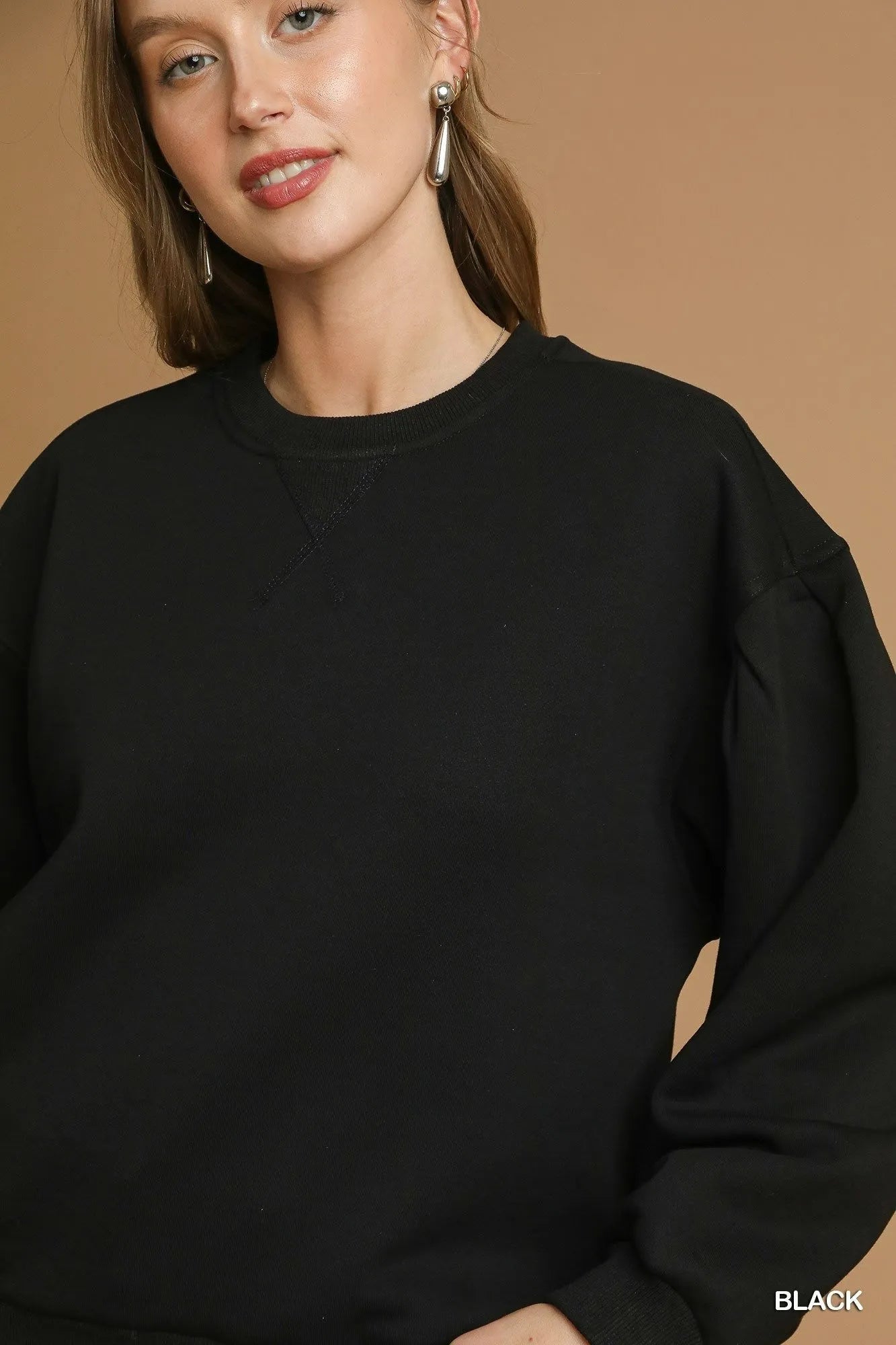 Umgee Round Neck Sweatshirt with Pleated Detail - Jennie Dots