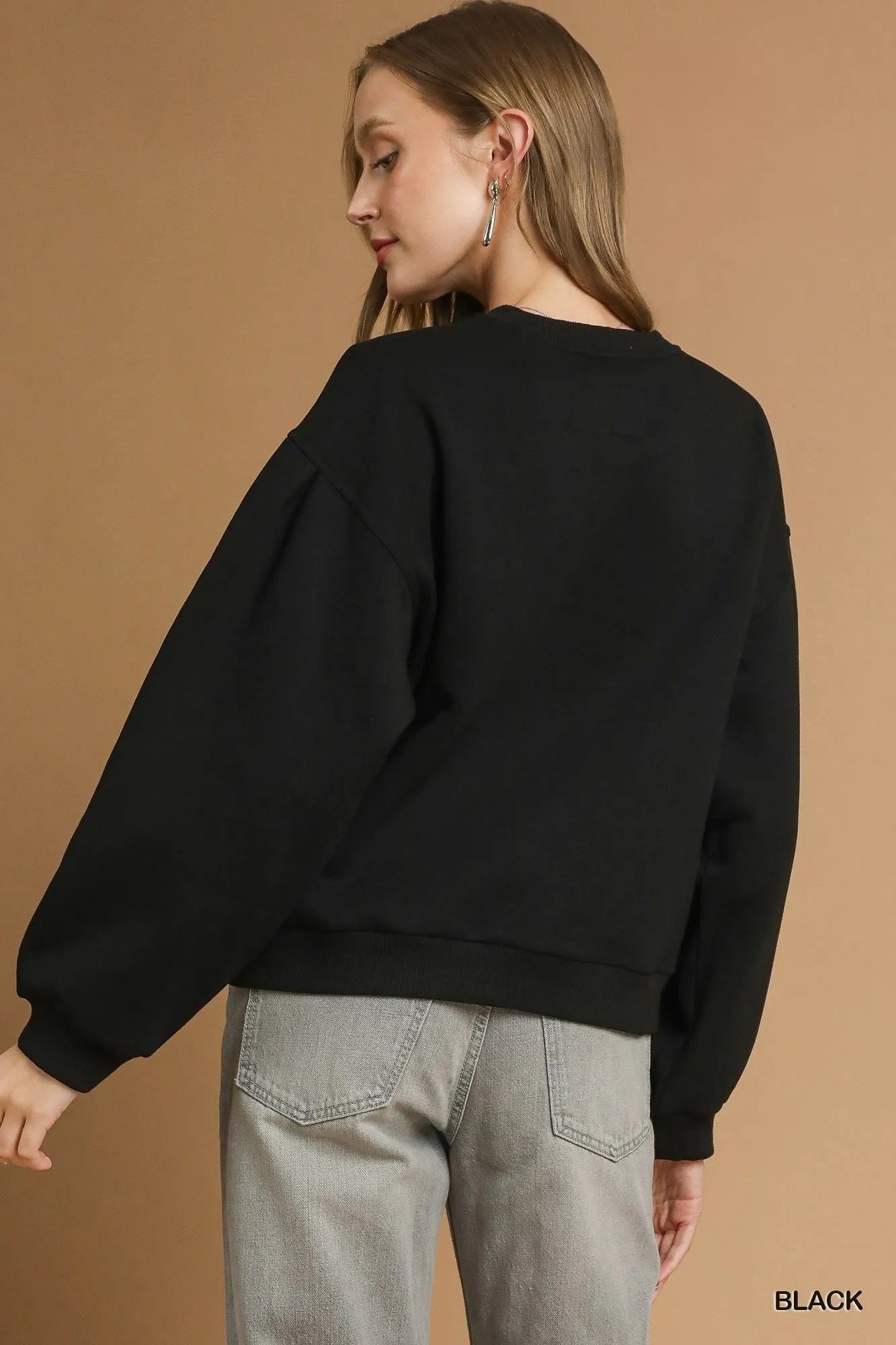 Umgee Round Neck Sweatshirt with Pleated Detail - Jennie Dots