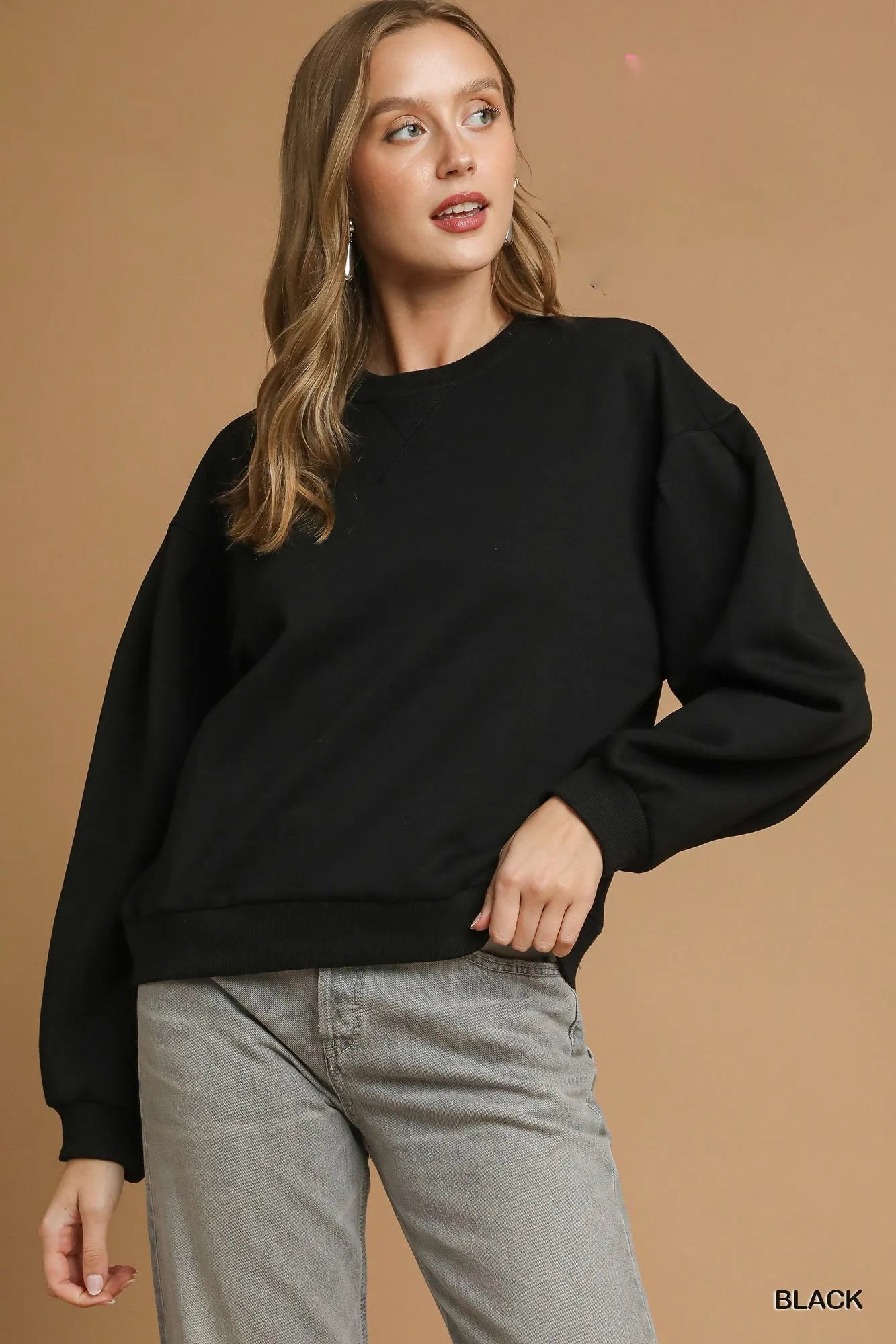 Umgee Round Neck Sweatshirt with Pleated Detail - Jennie Dots