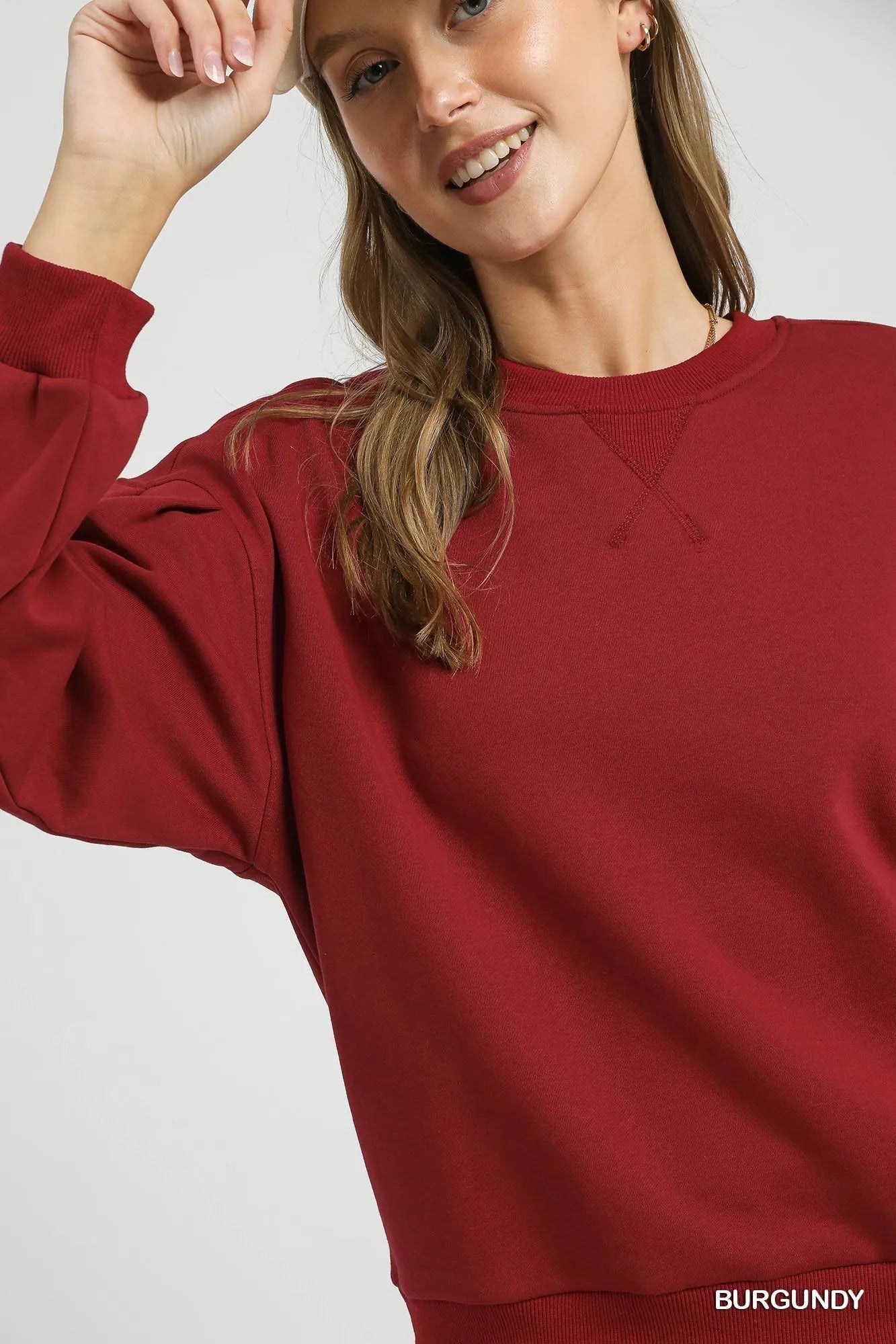 Umgee Round Neck Sweatshirt with Pleated Detail - Jennie Dots
