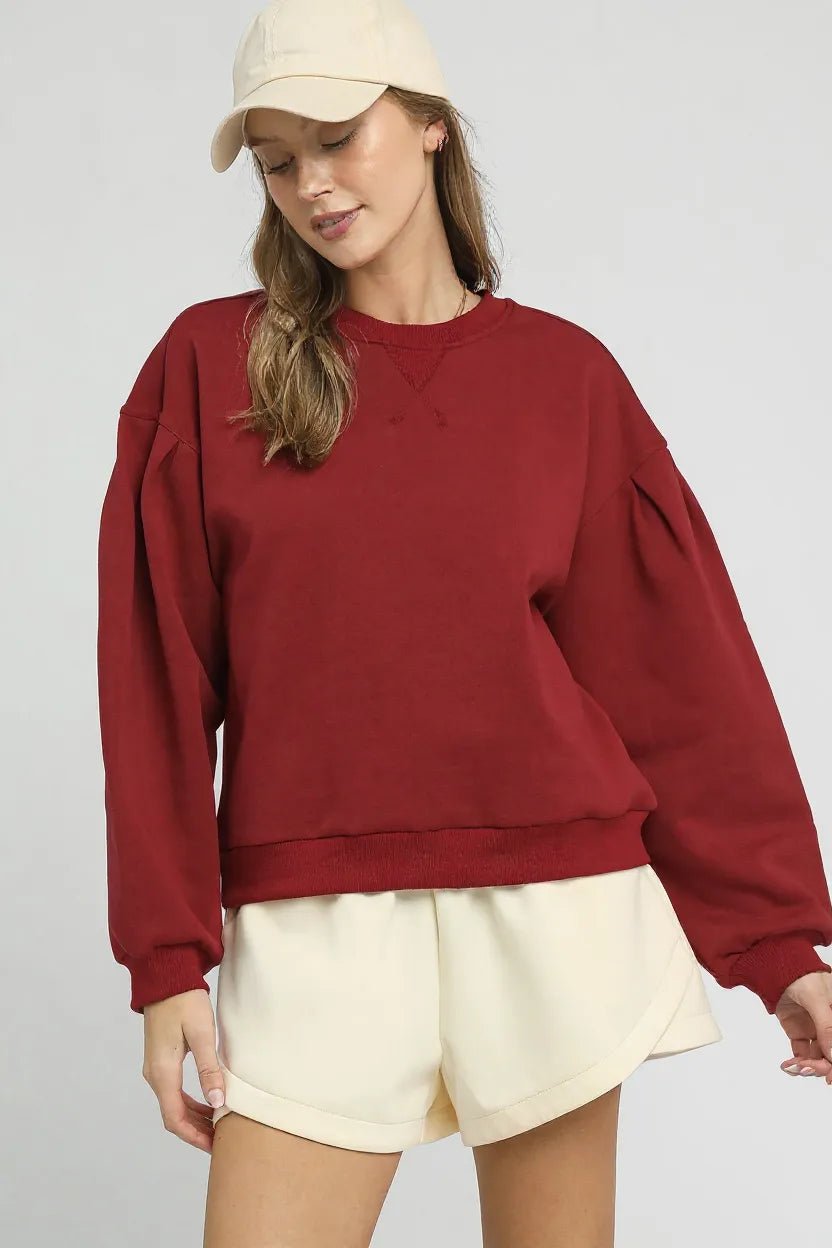 Umgee Round Neck Sweatshirt with Pleated Detail - Jennie Dots