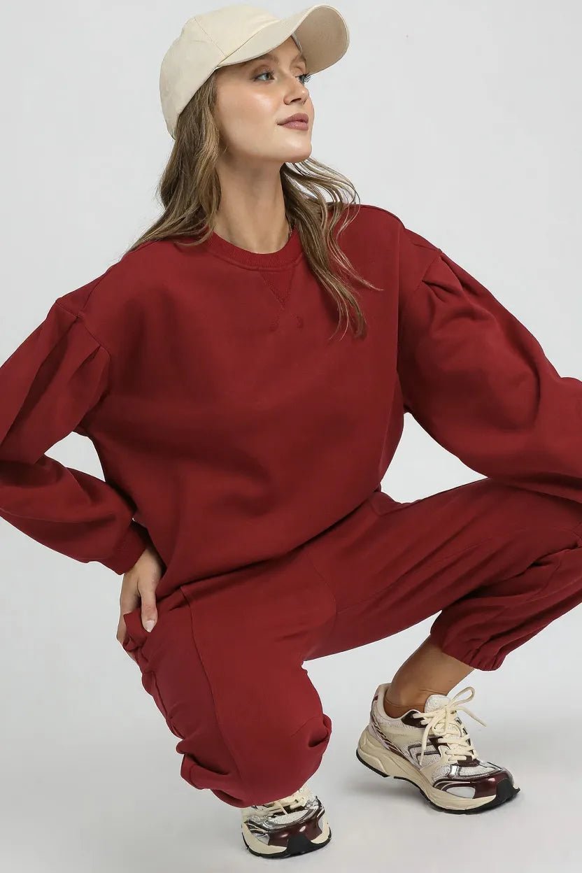 Umgee Round Neck Sweatshirt with Pleated Detail - Jennie Dots