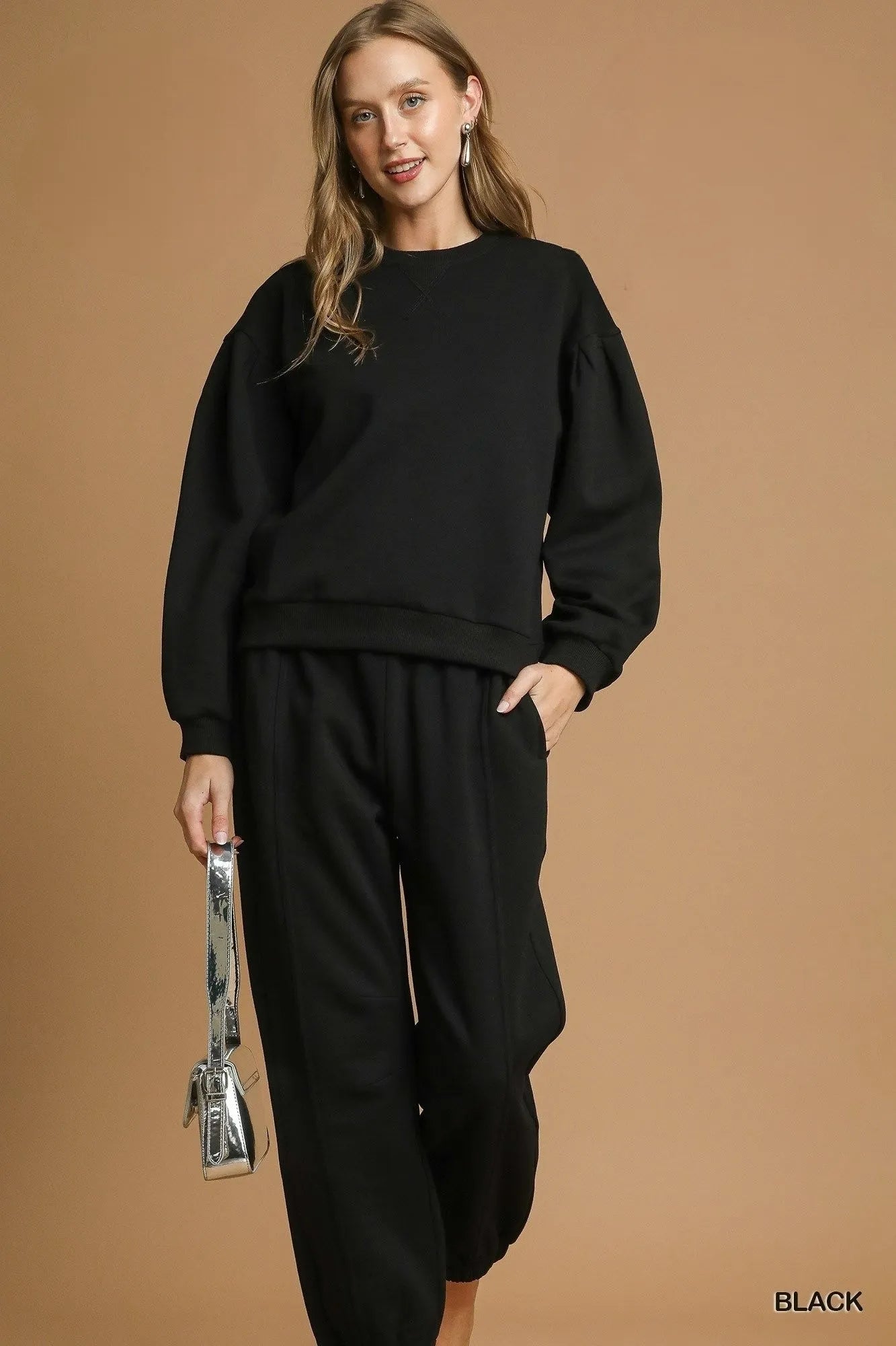 Umgee Round Neck Sweatshirt with Pleated Detail - Jennie Dots