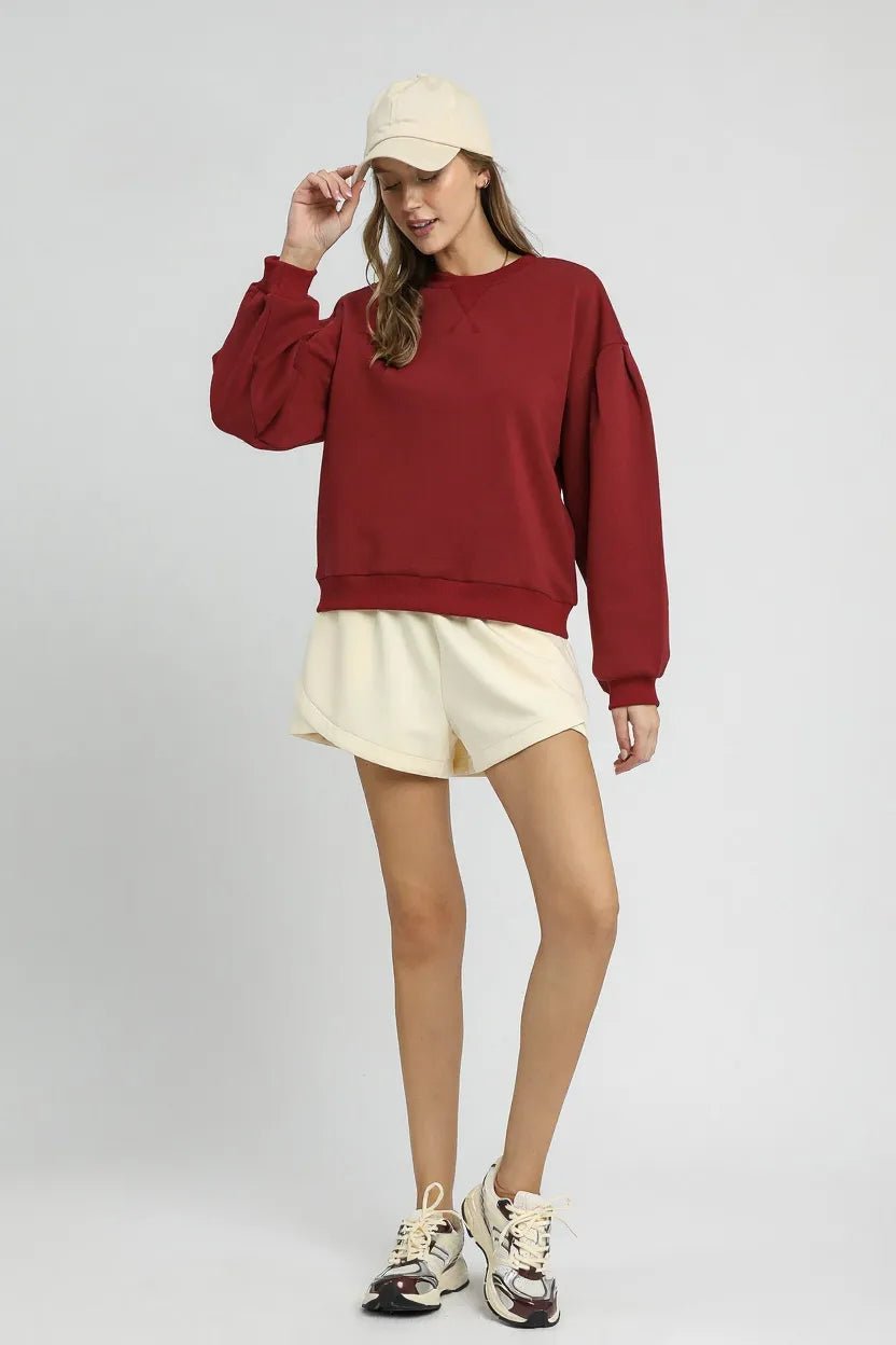 Umgee Round Neck Sweatshirt with Pleated Detail - Jennie Dots