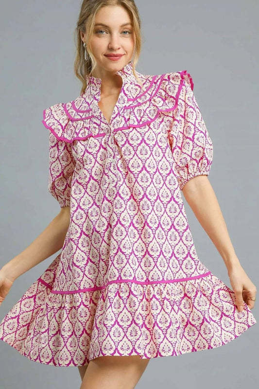 Umgee Ruffled Printed Puff Sleeve Mini Dress - Jennie Dots