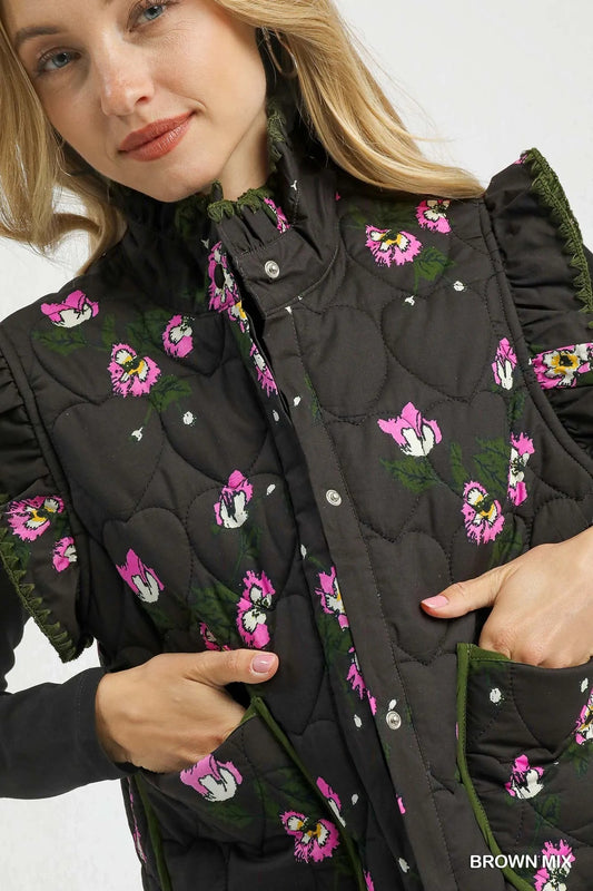 Umgee Ruffled Quilted Floral Snap Down Vest - Jennie Dots
