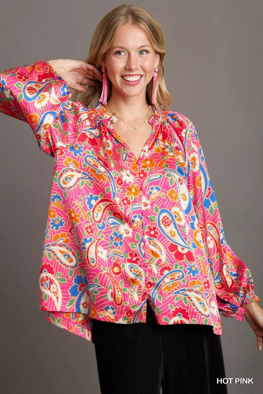 Umgee Satin Paisley Ruffle Neck Button - Up Shirt - Jennie Dots