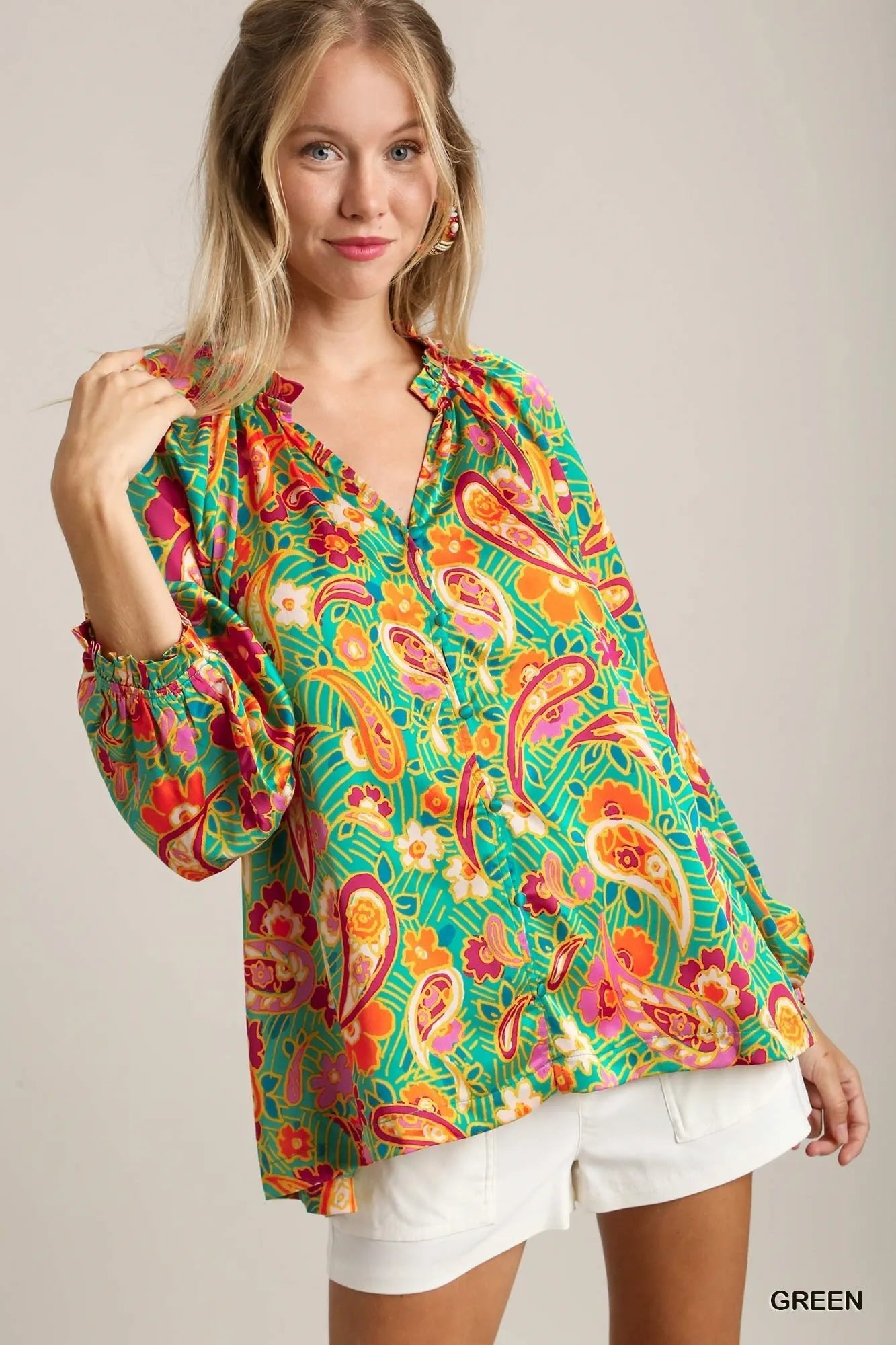 Umgee Satin Paisley Ruffle Neck Button - Up Shirt - Jennie Dots