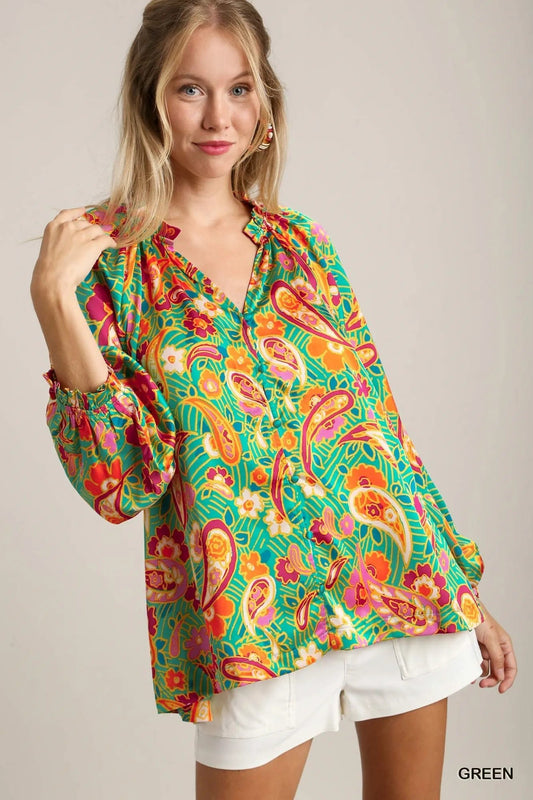Umgee Satin Paisley Ruffle Neck Button - Up Shirt - Jennie Dots