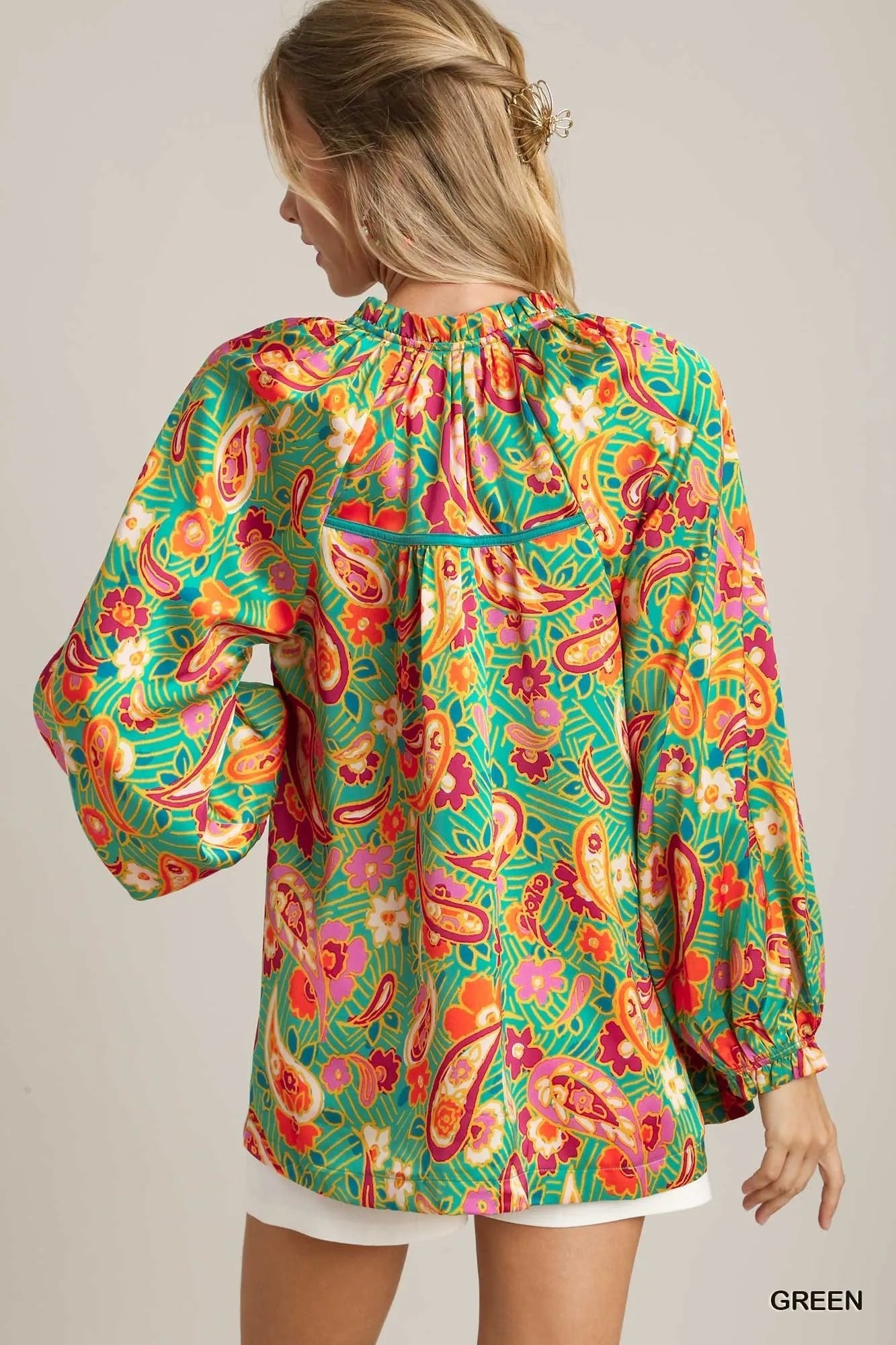Umgee Satin Paisley Ruffle Neck Button - Up Shirt - Jennie Dots