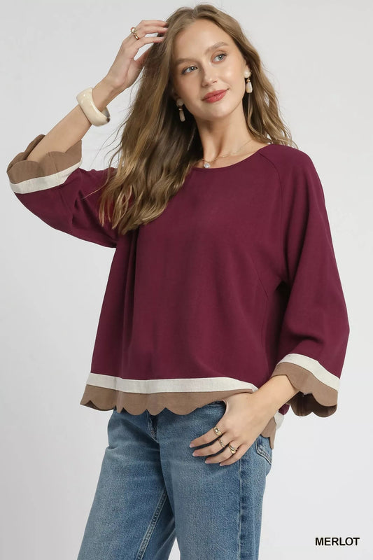 Umgee Scalloped Hem Color Block Top - Jennie Dots