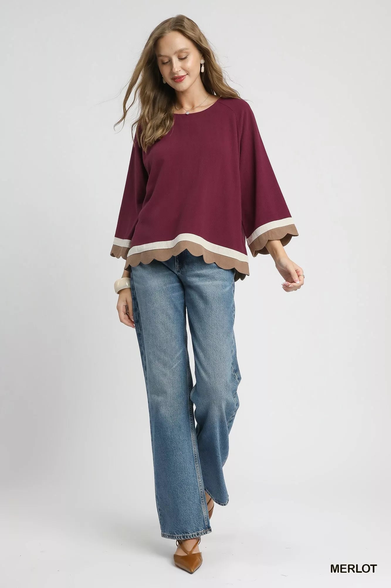 Umgee Scalloped Hem Color Block Top - Jennie Dots