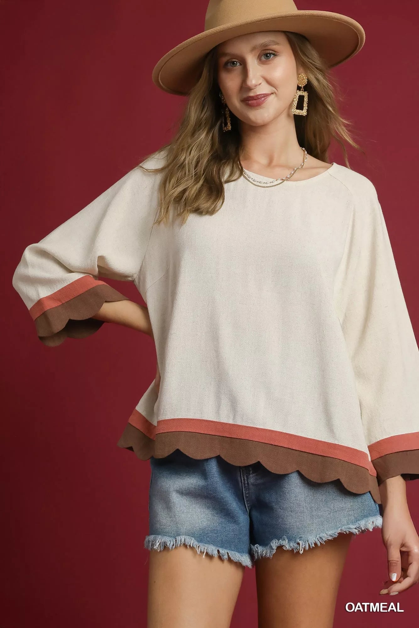 Umgee Scalloped Hem Color Block Top - Jennie Dots
