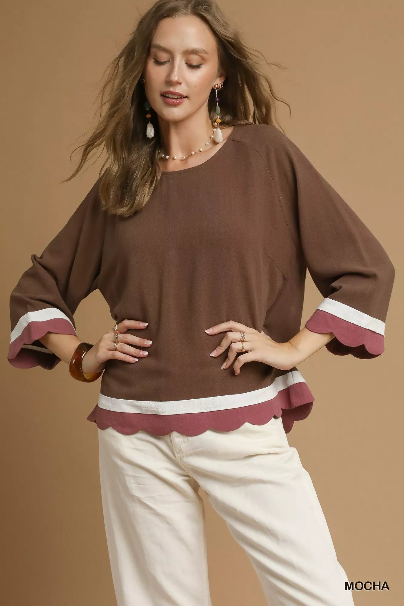 Umgee Scalloped Hem Color Block Top - Jennie Dots