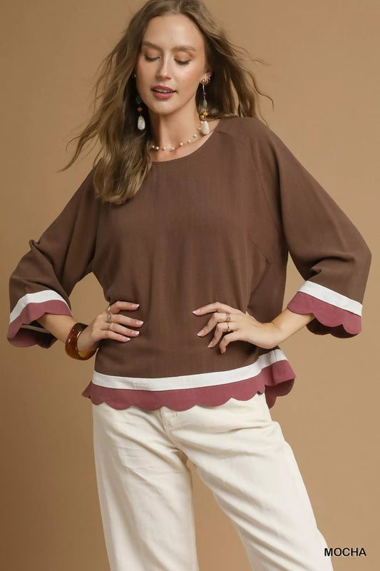 Umgee Scalloped Hem Color Block Top - Jennie Dots